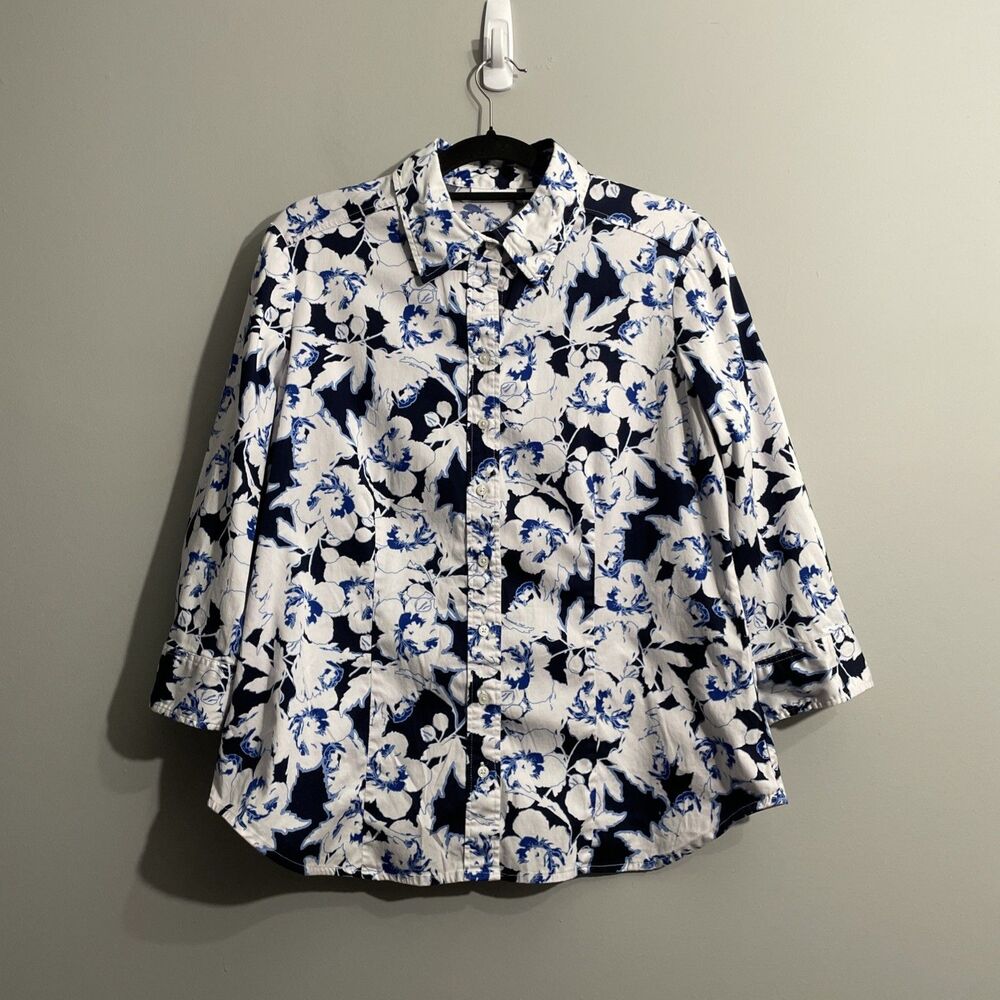 New York Company XL Blue White Floral Print Long Sleeve Button-Up Shirt Resort